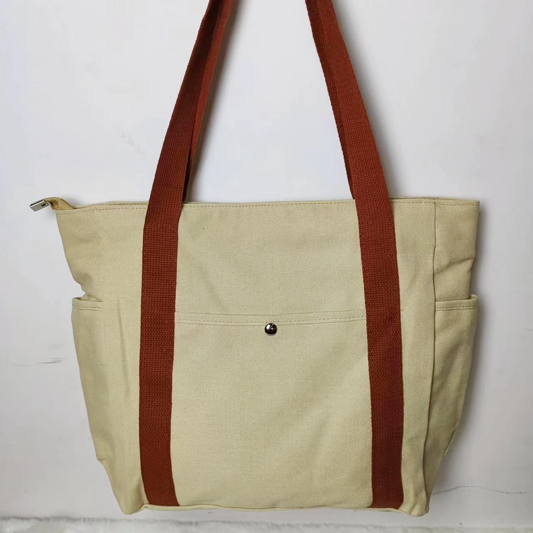 Large Canvas Tote Bag with Side Pockets