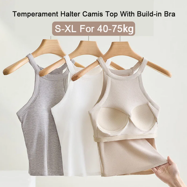 Ribbed Halter Neck Camisole Top with Built-In Bra