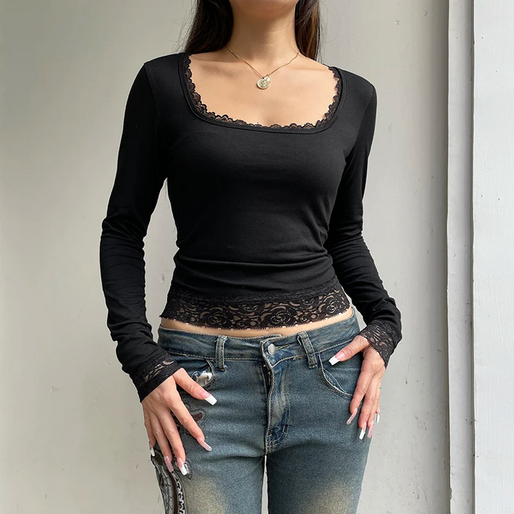 Square Neck Lace Trim Long Sleeve Top