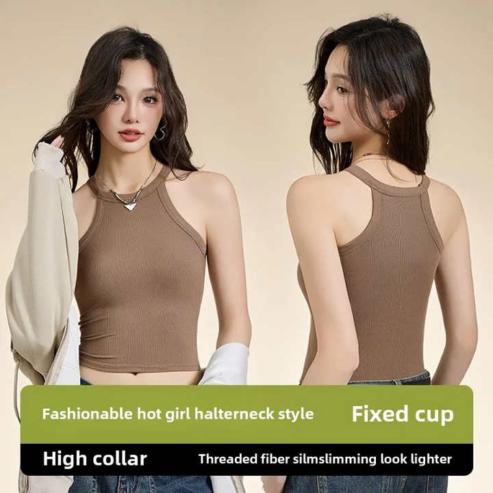 Ribbed Halter Neck Camisole Top with Built-In Bra