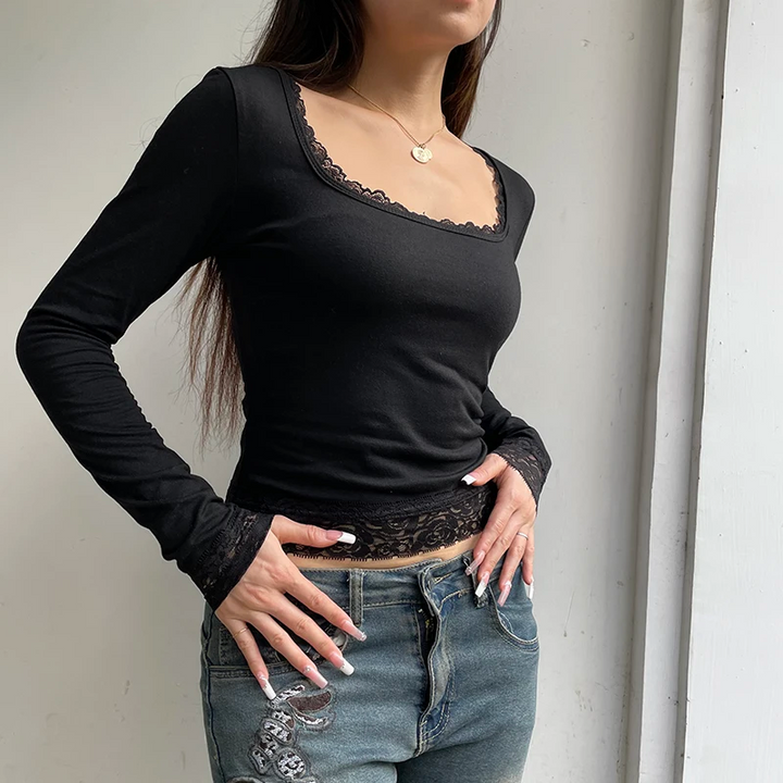 Square Neck Lace Trim Long Sleeve Top