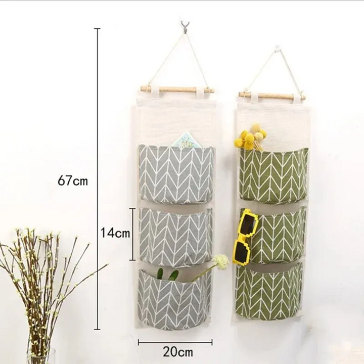 Cotton Linen Hanging Storage Bag with 3 Pockets