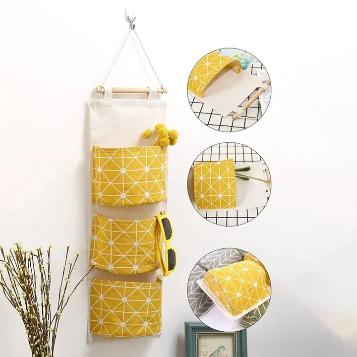 Cotton Linen Hanging Storage Bag with 3 Pockets