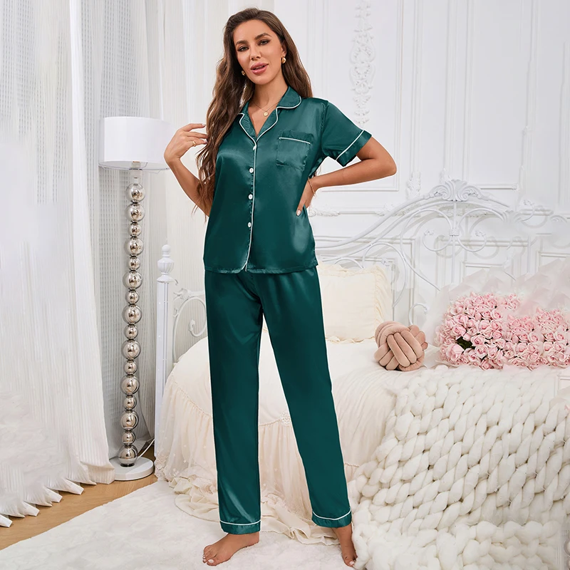 Women's Satin Short Sleeve Pyjama Set – Button-Down Top & Pants