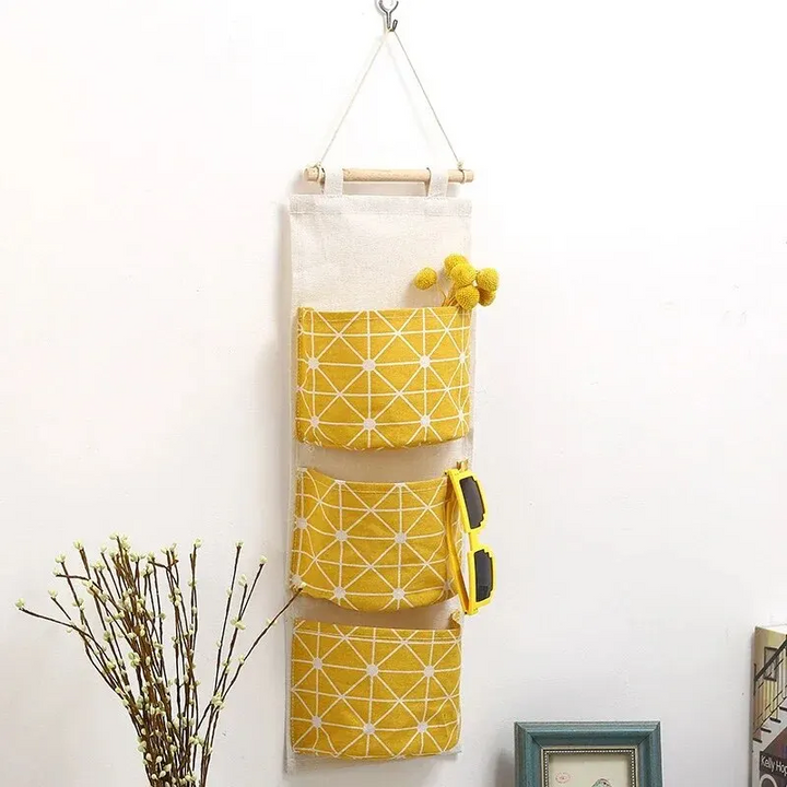 Cotton Linen Hanging Storage Bag with 3 Pockets