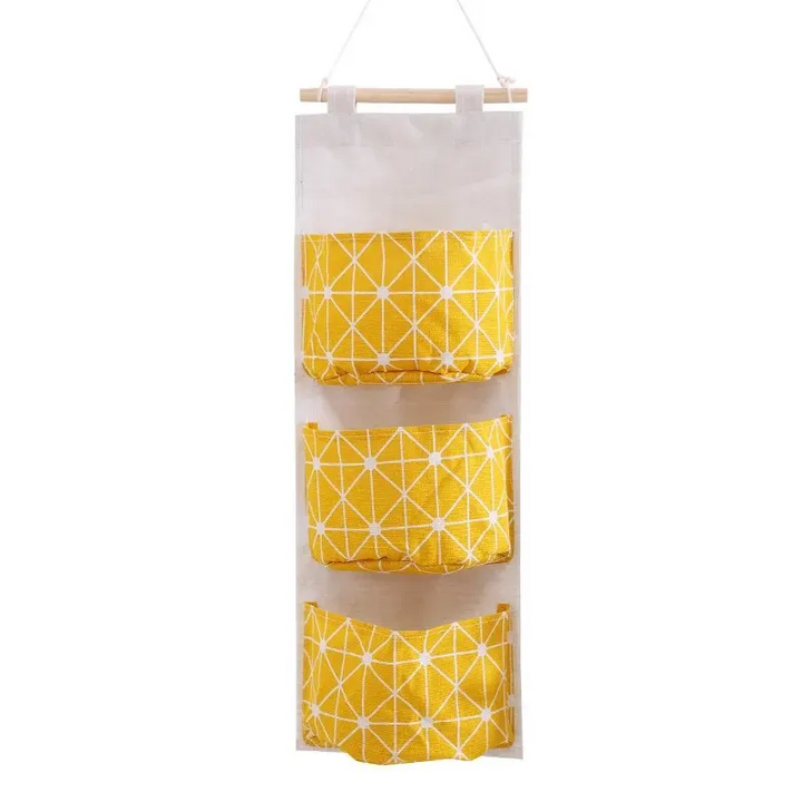 Cotton Linen Hanging Storage Bag with 3 Pockets