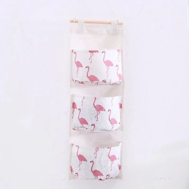 Cotton Linen Hanging Storage Bag with 3 Pockets