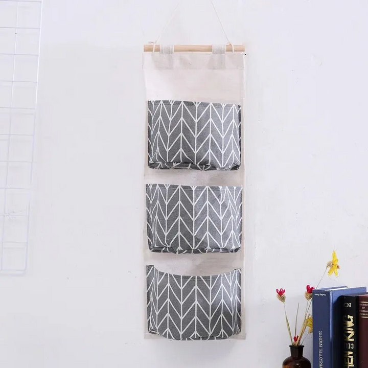 Cotton Linen Hanging Storage Bag with 3 Pockets