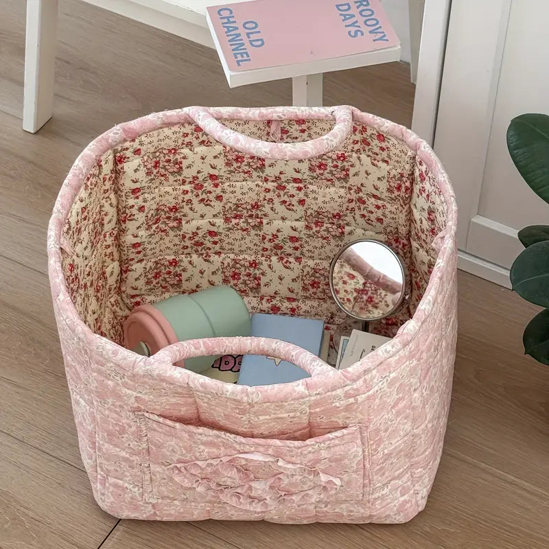 Large Floral Fabric Storage Basket with Handles