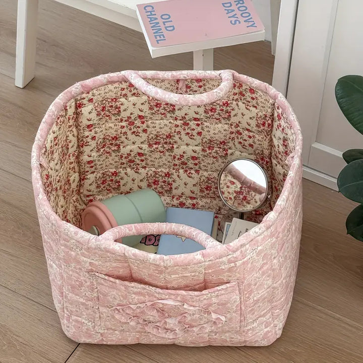 Large Floral Fabric Storage Basket with Handles