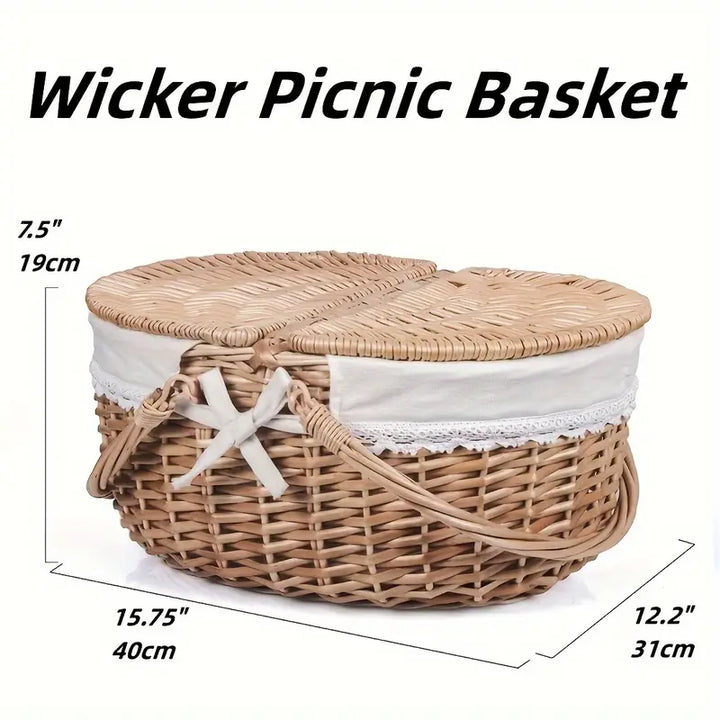 Large Wicker Picnic Basket with Lid and Lining
