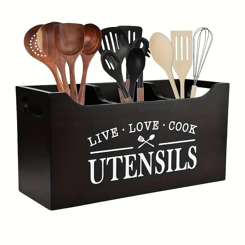 Black Wooden Utensil Holder with Open Top