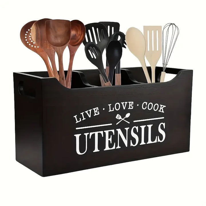 Black Wooden Utensil Holder with Open Top