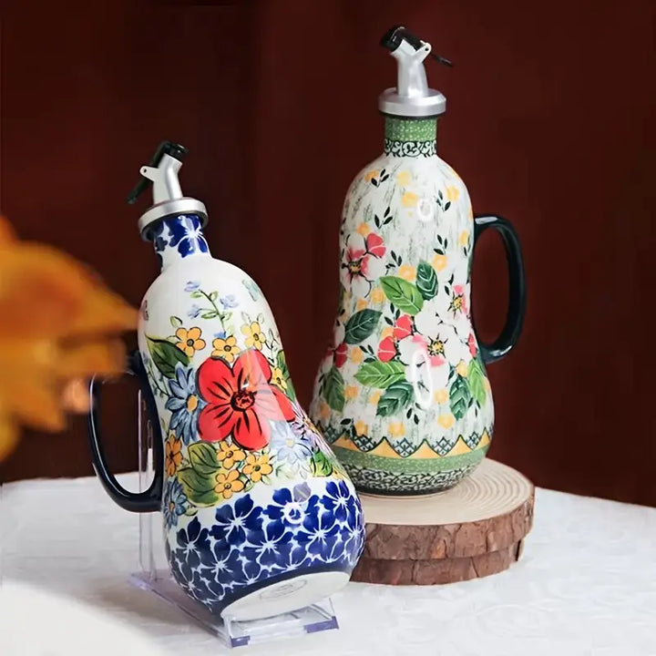 Hand-Painted Ceramic Olive Oil Dispenser with Handle