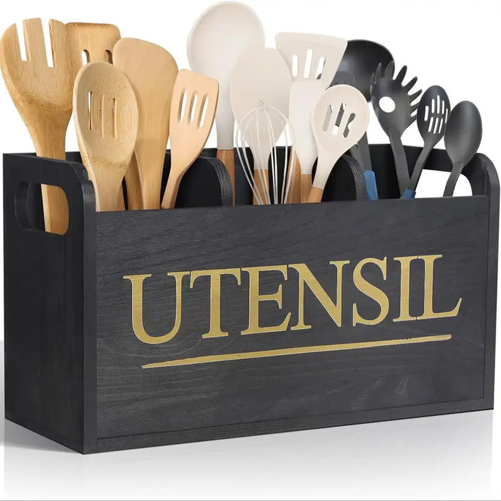 Wooden Utensil Storage Box with Gold Label
