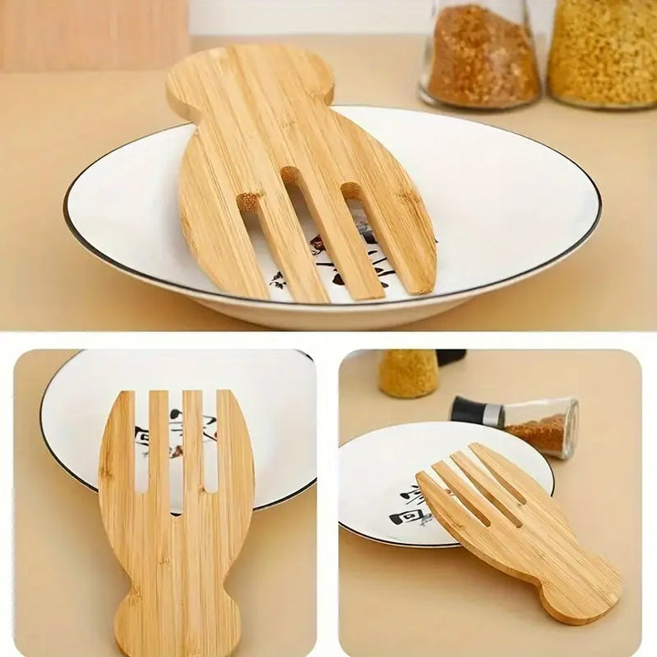 2pcs Bamboo Salad Servers – Wooden Claw-Style Mixing Forks