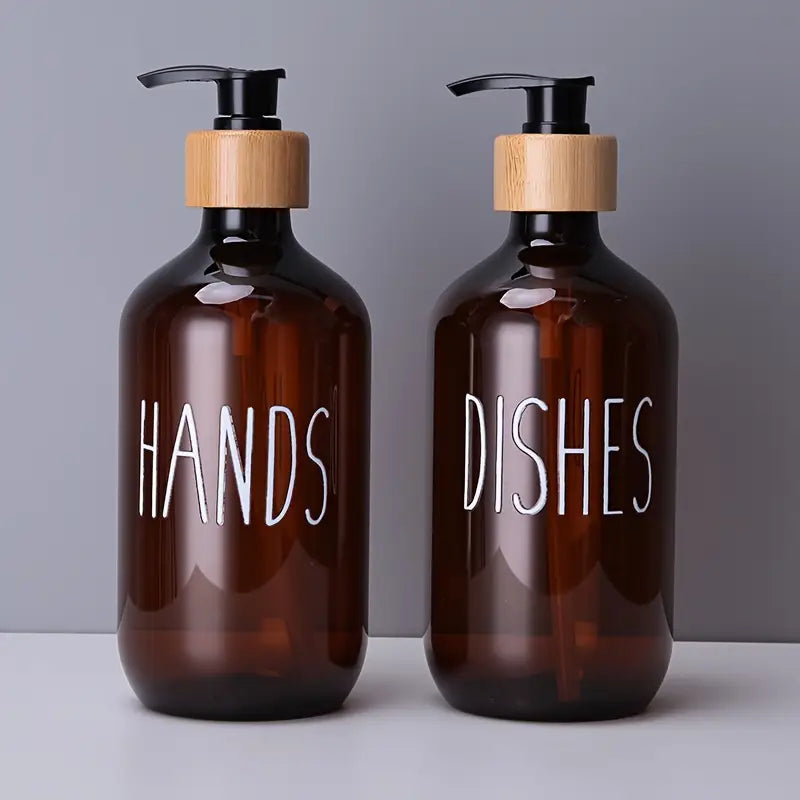 2pcs Amber Plastic Soap Dispenser Bottles with Pump and Bamboo Lid