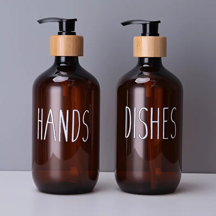 2pcs Amber Plastic Soap Dispenser Bottles with Pump and Bamboo Lid