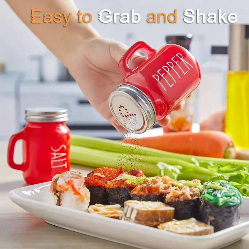Red Glass Salt and Pepper Shaker Set with Handles