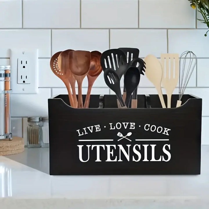 Black Wooden Utensil Holder with Open Top