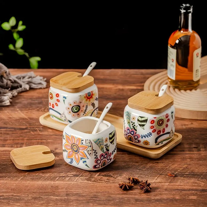 Bohemian Ceramic Spice Jars Set with Bamboo Tray and Spoons
