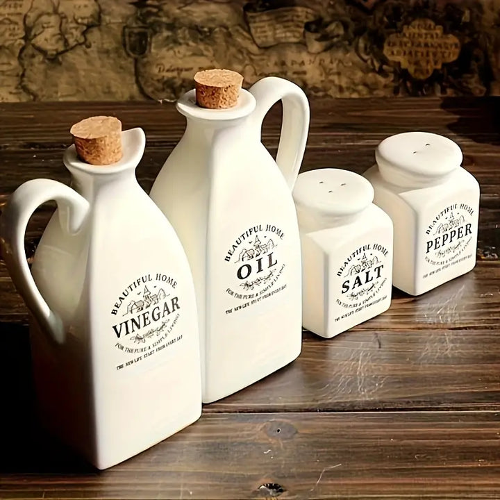 4pcs Ceramic Oil-Vinegar-Salt-Pepper Dispenser Set