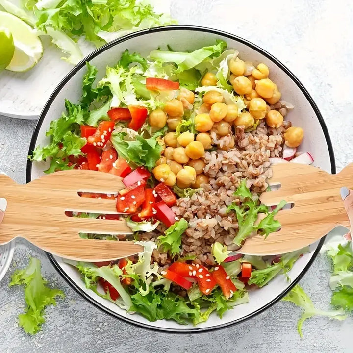 2pcs Bamboo Salad Servers – Wooden Claw-Style Mixing Forks