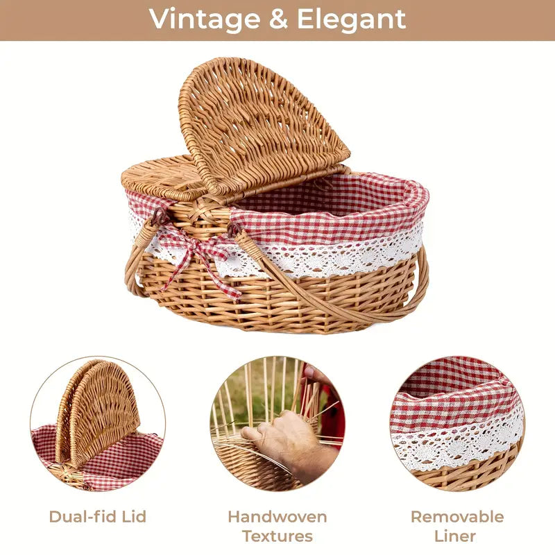 Large Wicker Picnic Basket with Lid and Lining