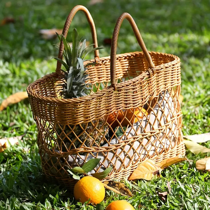 Woven Picnic Basket with Handles – Durable Plastic Rattan Look