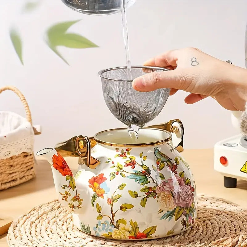 1.2L Enamel Floral Teapot with Gold Handles