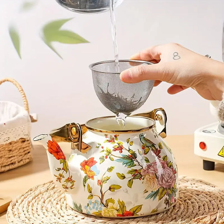 1.2L Enamel Floral Teapot with Gold Handles