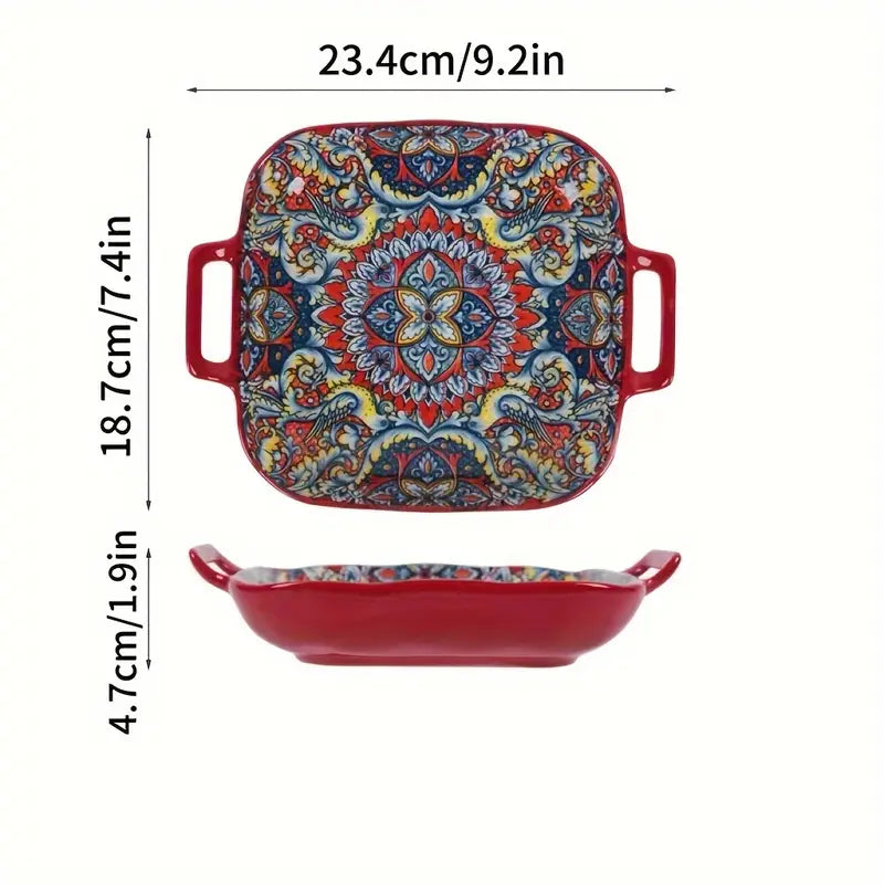 Bohemian-Style Ceramic Square Serving Plates with Handles