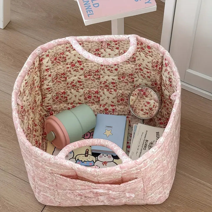 Large Floral Fabric Storage Basket with Handles