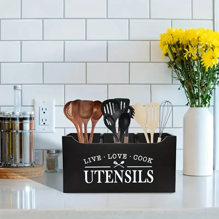 Black Wooden Utensil Holder with Open Top