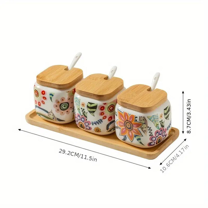 Bohemian Ceramic Spice Jars Set with Bamboo Tray and Spoons