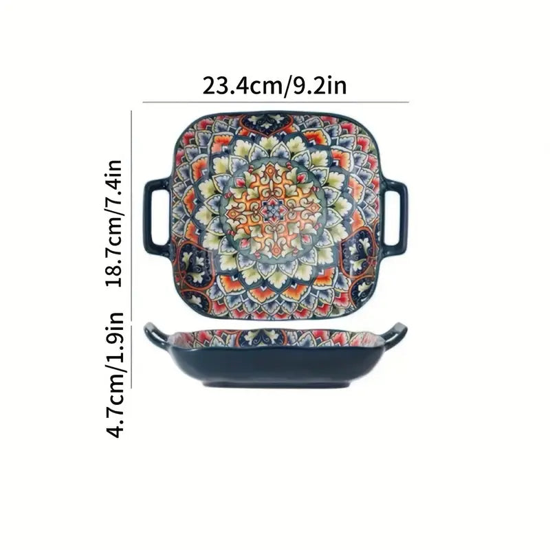 Bohemian-Style Ceramic Square Serving Plates with Handles