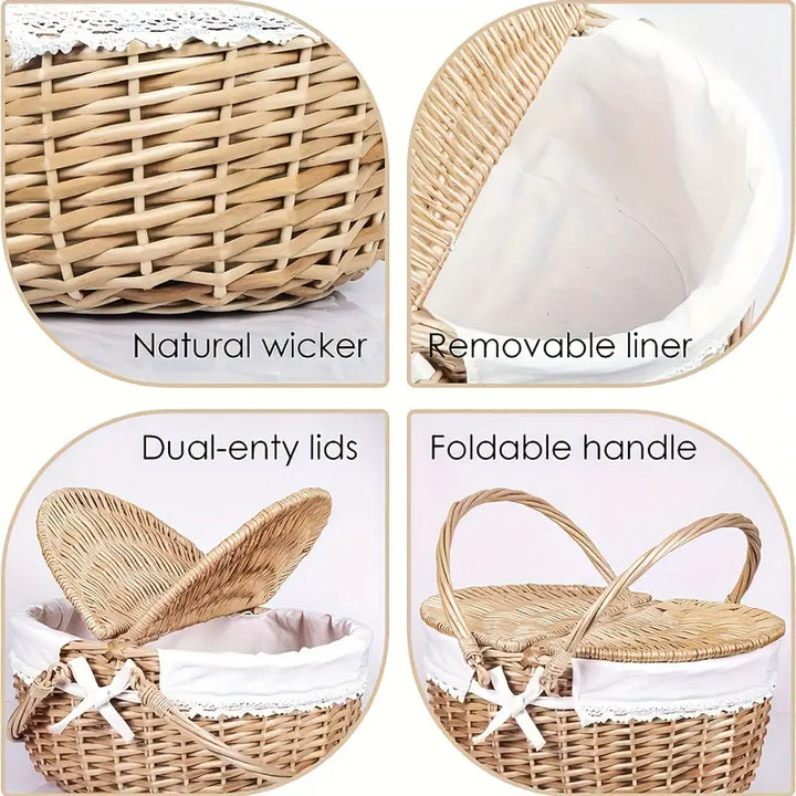 Large Wicker Picnic Basket with Lid and Lining