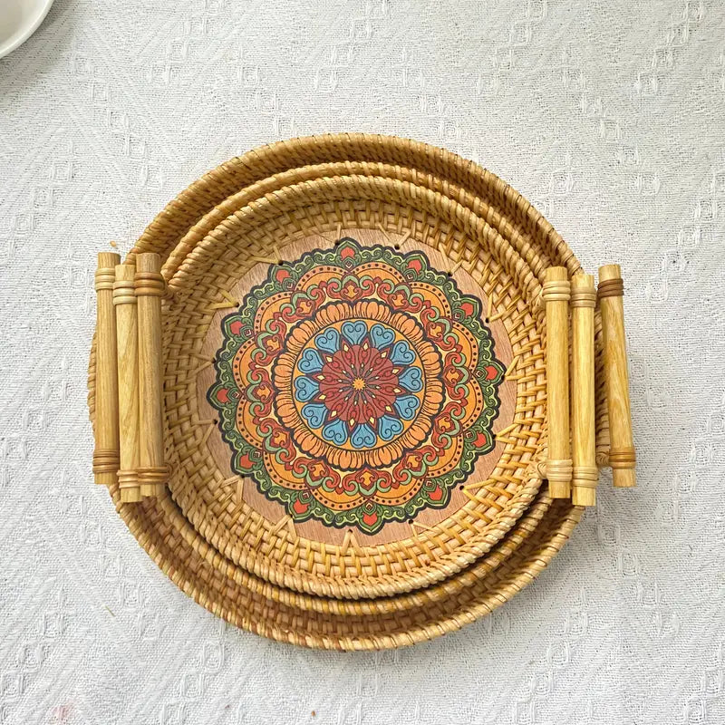 Handwoven Rattan Serving Tray with Handles