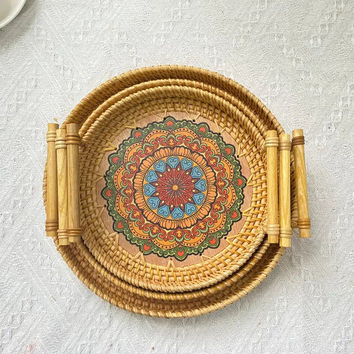 Handwoven Rattan Serving Tray with Handles