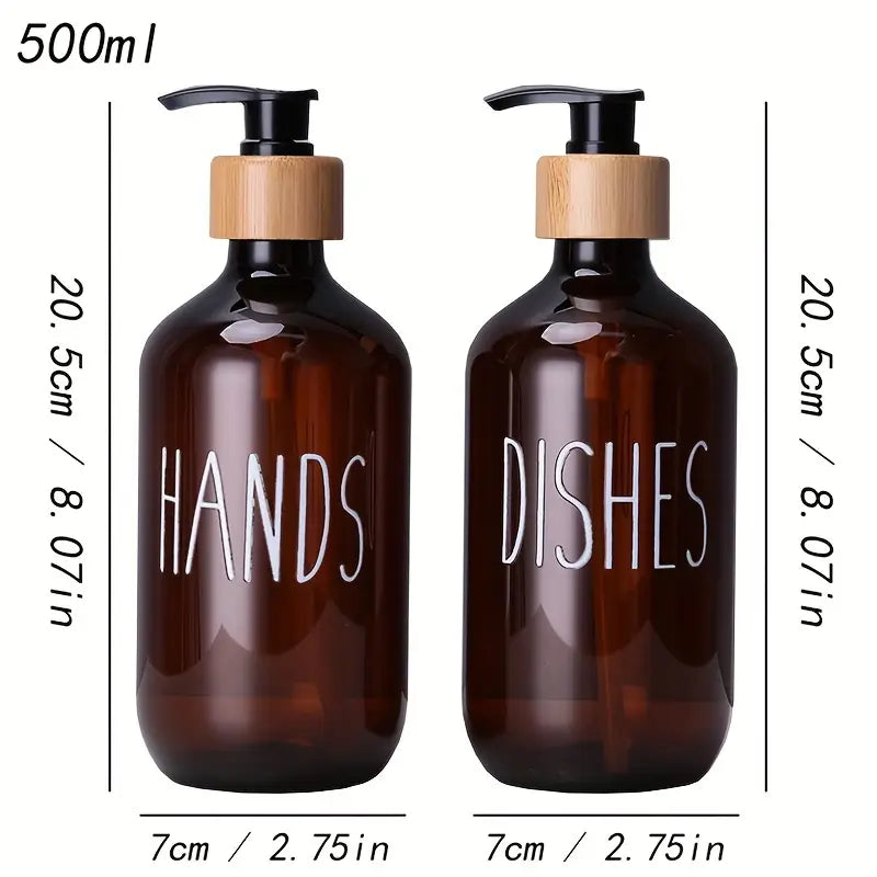 2pcs Amber Plastic Soap Dispenser Bottles with Pump and Bamboo Lid
