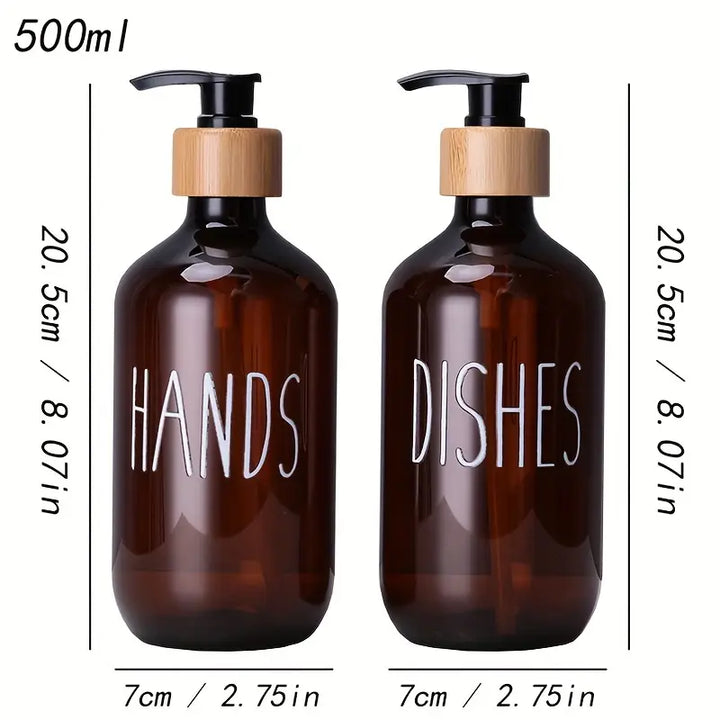 2pcs Amber Plastic Soap Dispenser Bottles with Pump and Bamboo Lid