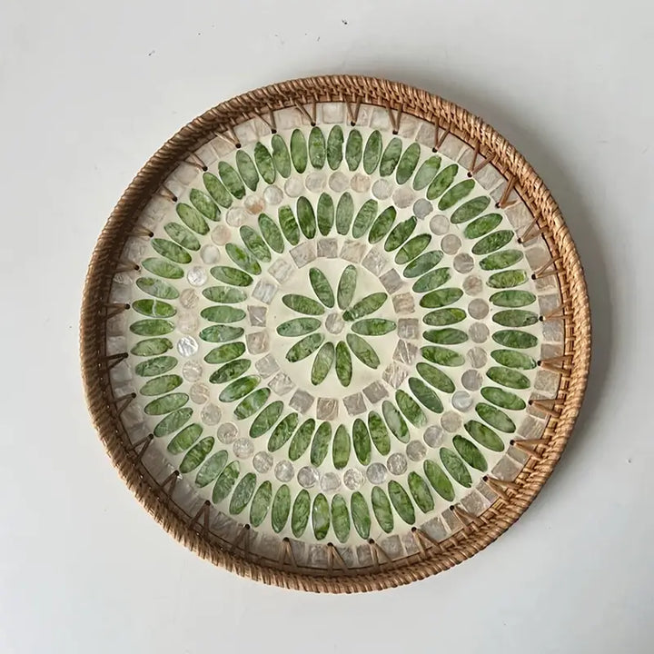 Mother-of-Pearl Inlaid Rattan Tray