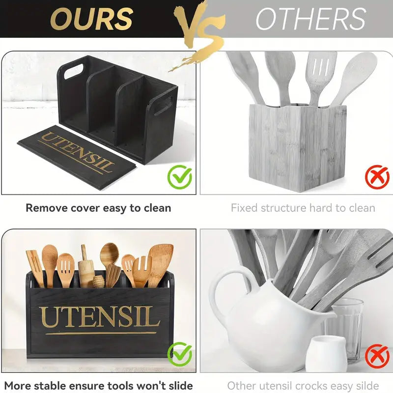 Wooden Utensil Storage Box with Gold Label