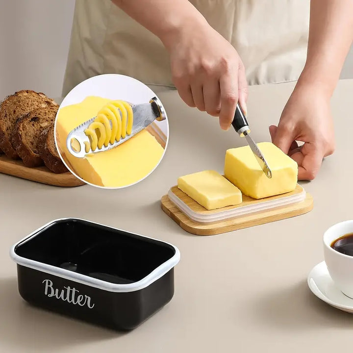 Ceramic Butter Dish with Bamboo Lid and Knife