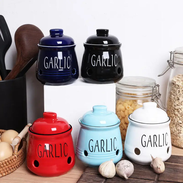 Ceramic Garlic Keeper with Vent Holes and Lid