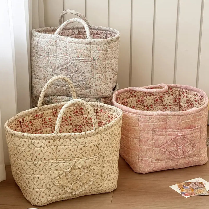 Large Floral Fabric Storage Basket with Handles