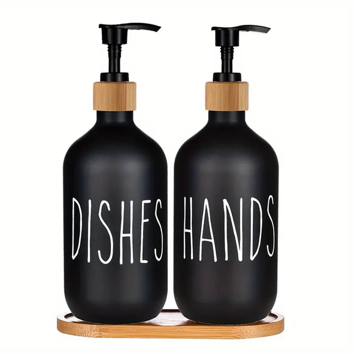 Matte Black Soap Dispenser Set with Wooden Tray